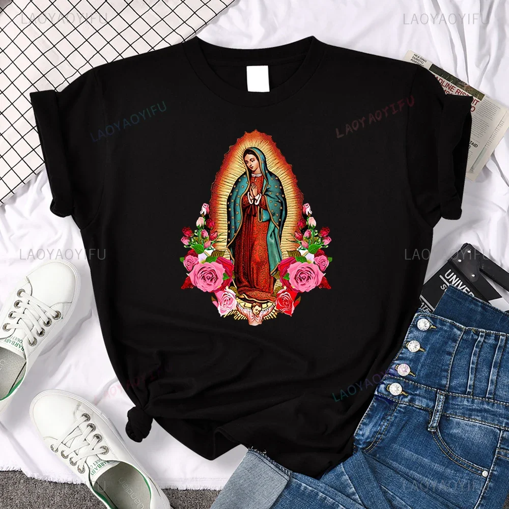 Virgin Mary of Guadalupe Clothing Fashion Vintage  Aesthetic Sleeve Hipster Tops Classic Graphic T Shirts Women Y2k Top Clothes