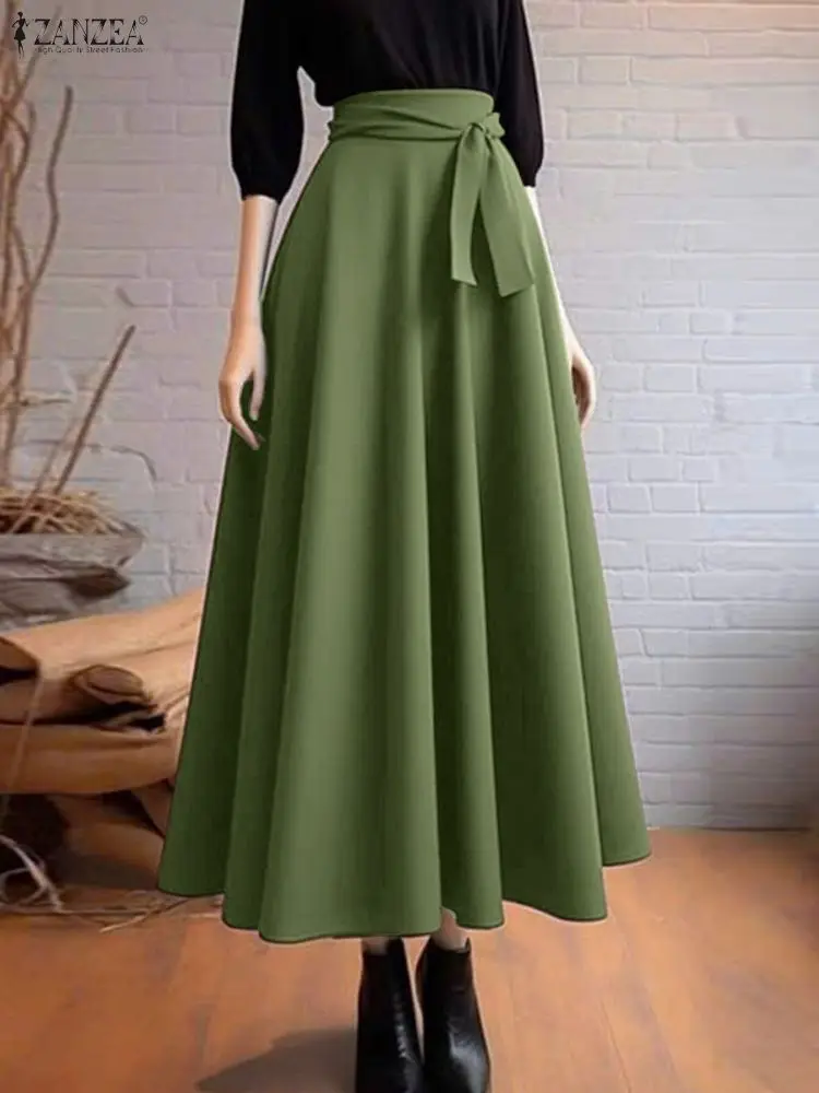2025 ZANZEA Elegant Women Maxi Skirts Elastic Waist Jupes Casual Loose Faldas Saia Belted Autumn High Waist Fashion Overskirts