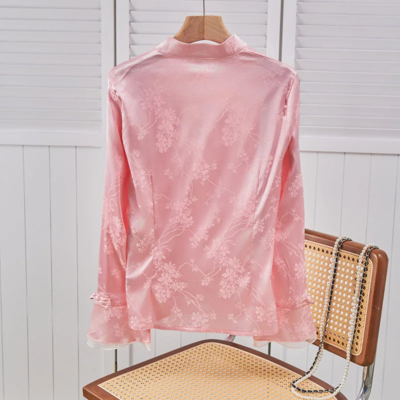 Vintage Chinese Style Jacquard Shirts High Neck Pearl Buckle Pink Long Sleeve Lady of Temperament Elegance Office Basics Shirt