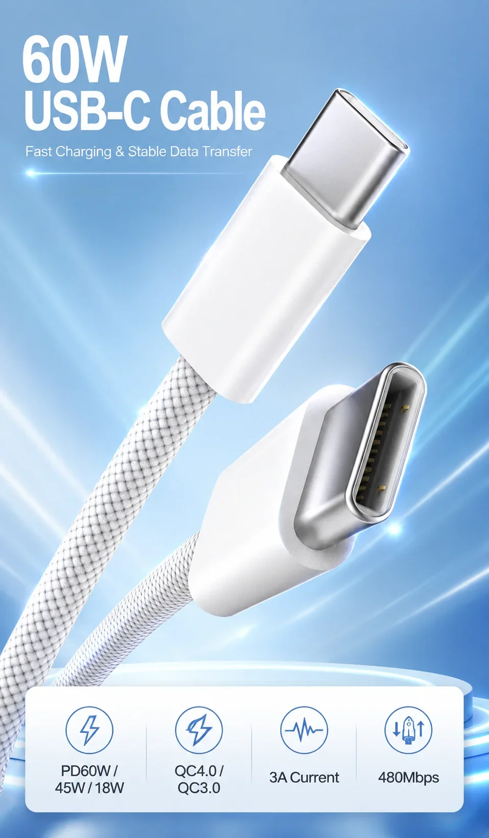 60W USB C to USB C Cable Fast Charging, White Braided PD Charger Cord for iPhone 15 16, iPad, MacBook, Samsung