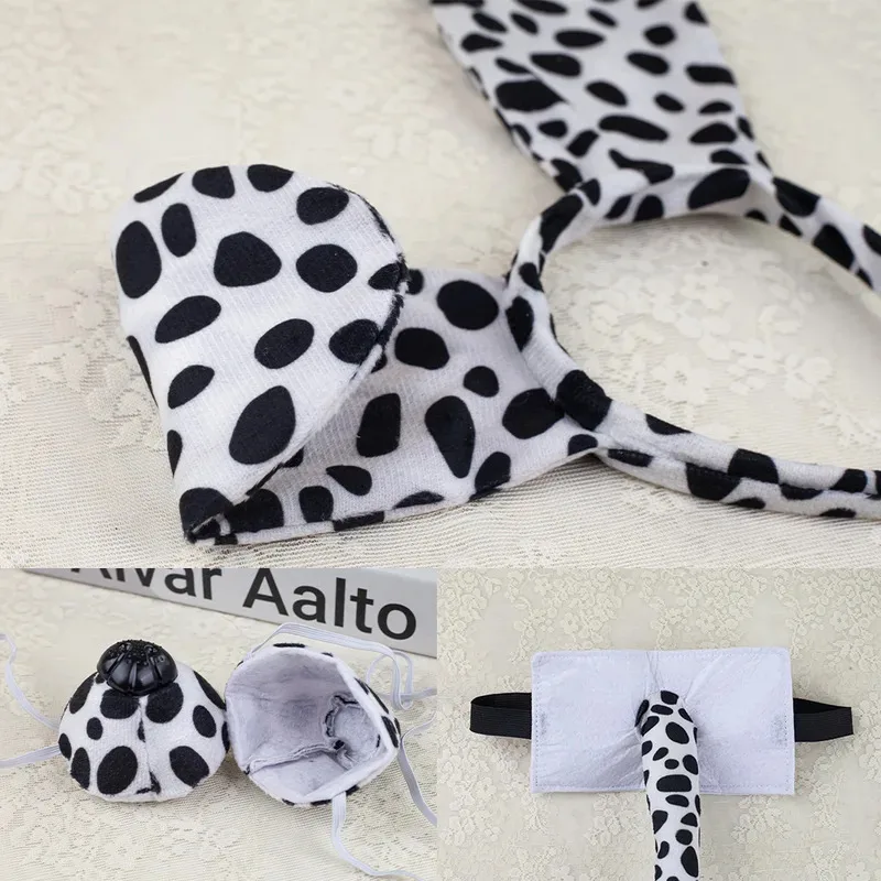 

asdh8@Halloween Animal Hair Band Spotted Dog Ears Nose Tail Plush Headband Cosplay Sets Dance Party Performance Props Puppy Head
