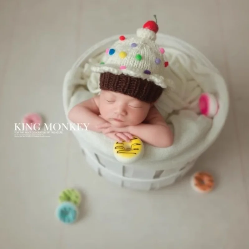 Newborn Photography Accessories Girl Colorful Donut Theme Knitted Cute Cake Hat Simulated Cherry Bread Baby Photo Props Outfit