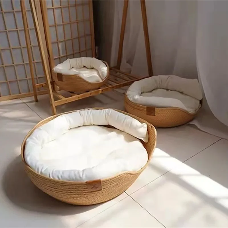 Pet Cat Mat Dog Bed Sofa Handmade Bamboo Weaving Four Season Cozy Nest Baskets Waterproof Removable Cushion Sleeping House