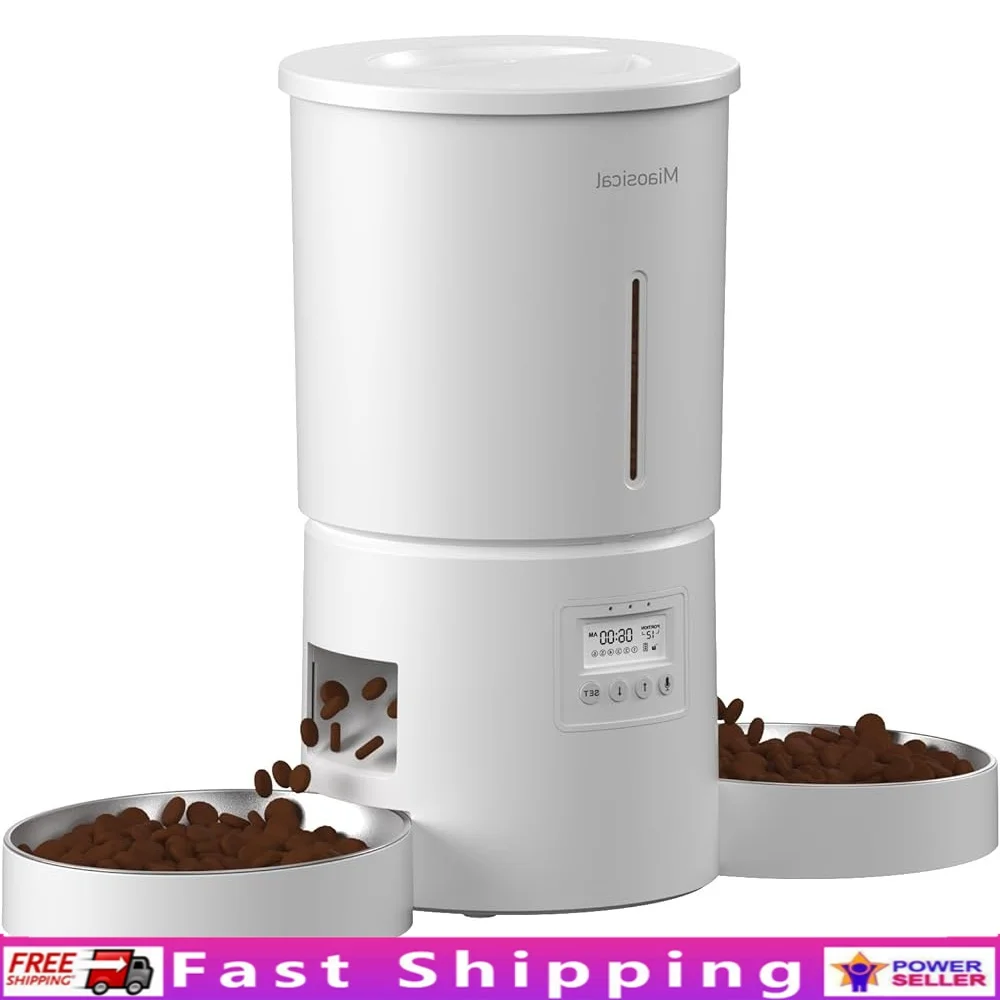 

Automatic Cat Feeder 2 Cats 6 Meals Per Day 12 Portions 4.2L Dual Bowl Food Dispenser Timer