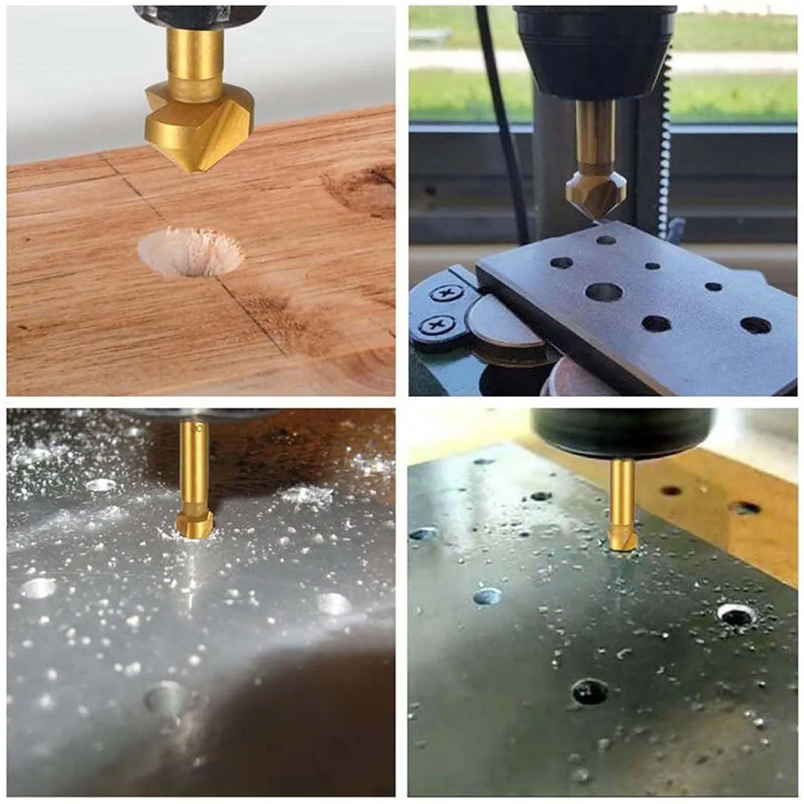 6pcs Three-blade Chamfering Drills, 90 Degree High Speed Steel Chamfer Cutting Drill BitsTitanium Plated Hole Opener, Gold