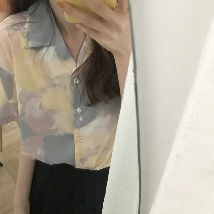 New American Retro Suit Collar Shirt Top Summer Hong Kong Style Chic Tie-dyed Short-sleeved Print