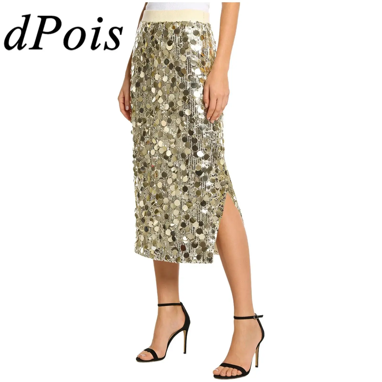 

Womens Shiny Sequin Pencil Skirt Evening Party Costume Woman's Slit Midi-length Skirt for Cocktail Dinner Prom Bodycorn Skirts