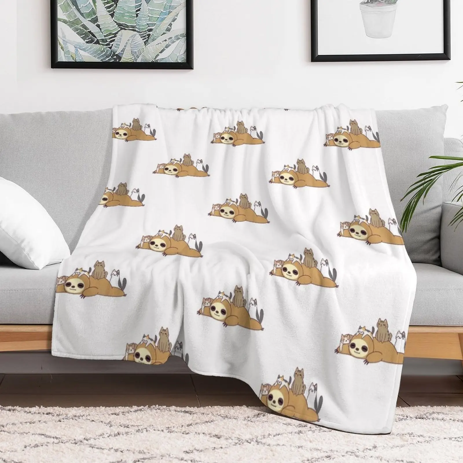 Sloth Stack Loves Kitty Cats Funny Cute Lazy Sloth & Feline Throw Blanket For Decorative Sofa Sofa Blankets