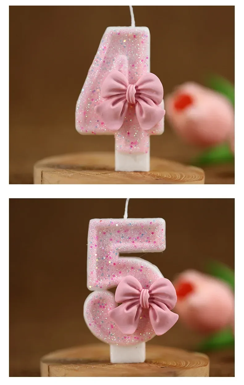 Cute Pink Bow 3D Number Cake Candles for Birthday Party Decorations Birthday Decoration Cake Decorating Tools