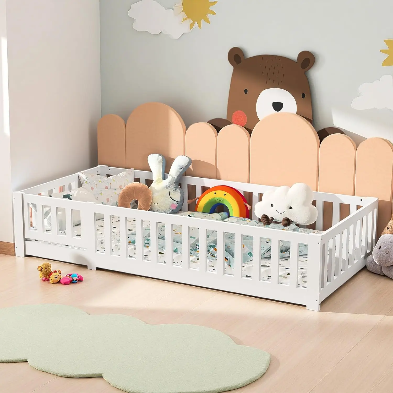 Rosahqnda Montessori Kinderbodenbett 90x200 cm, Bett mit Absturzsicherung und Lattenrost, Jugendbett Einzelbett, Kleinkinderbett