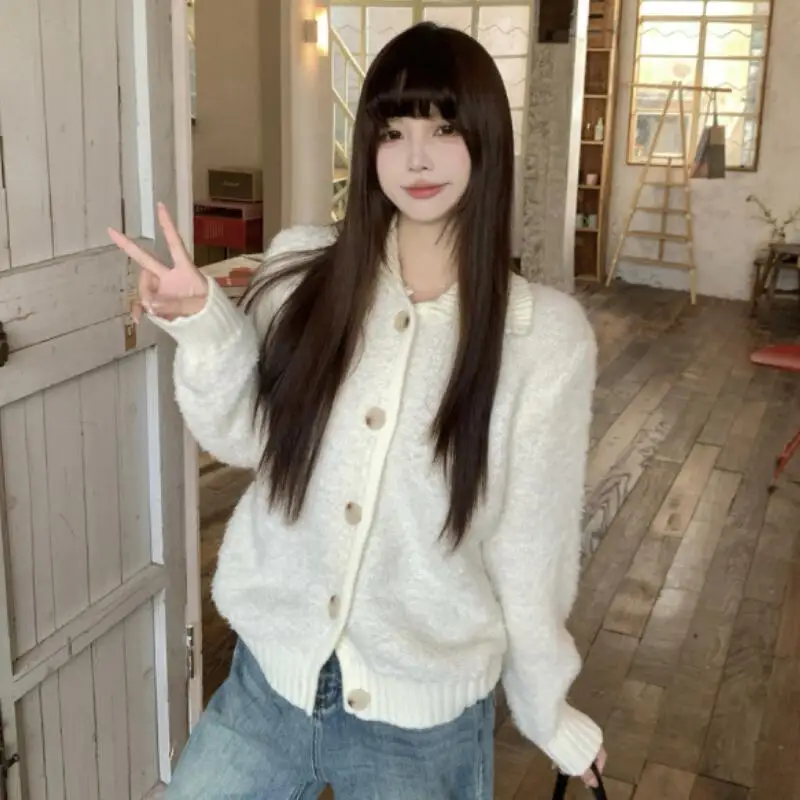 

Модный оранжевый вязаный кардиган с лацканами, женский свитер, весенне-осенний, мягкий, изысканный, шерстяной, высококачественный, свободный топ, хлопковый вязаный свитер