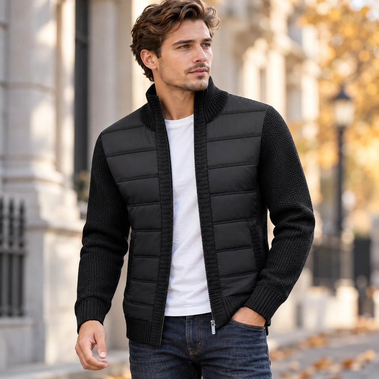 Long Sleeve Stand Collar Coat Slim Fit Minimalist Men Jacket with Open Front Autumn Winter Ribbed Hem Wrinkle Treatment Sweater