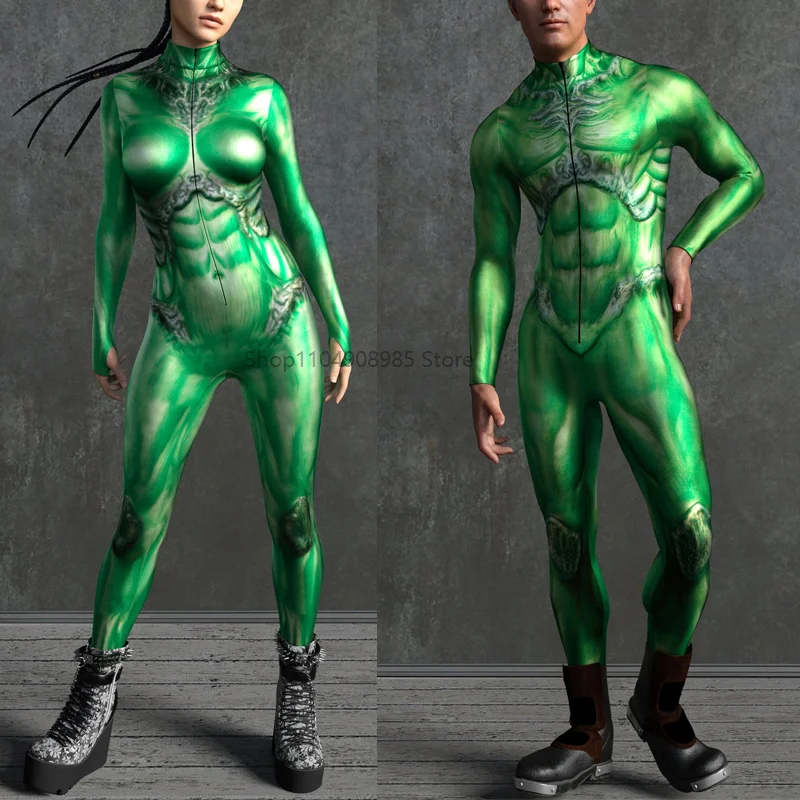 

Hell Servant Green Costume Cyber 3D Printed Cosplay Costume Front Zipper Multicolour Zentai Bodysuit Carnival Outfit