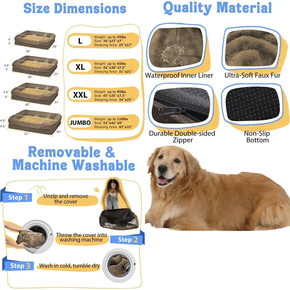 

Ортопедическая лежанка для собак особо большого размера - XL, водонепроницаемый чехол, съемная подушка-валик и нескользящее основание для крупных собак