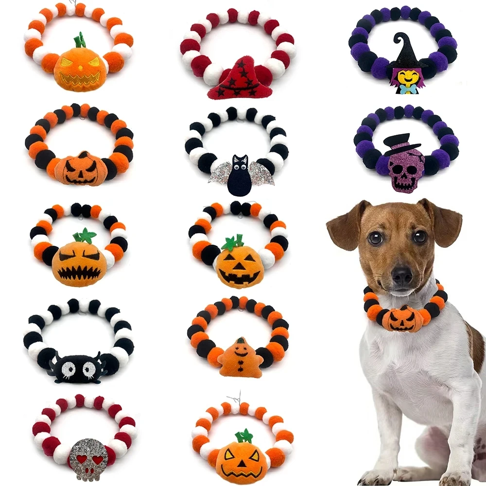 12pcs Halloween Style Pet Dog Cat HairBall Necklace Collar Cute Pumpkin Pet Dog Cat Collar Neckties Dog Grooming Accessories