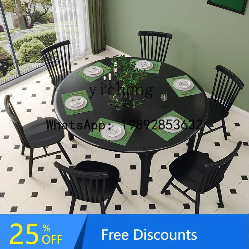 Solid Wood Dining Tables and Chairs Combination Retractable Folding Dining Table Elegant Black Dining Table Rectangular