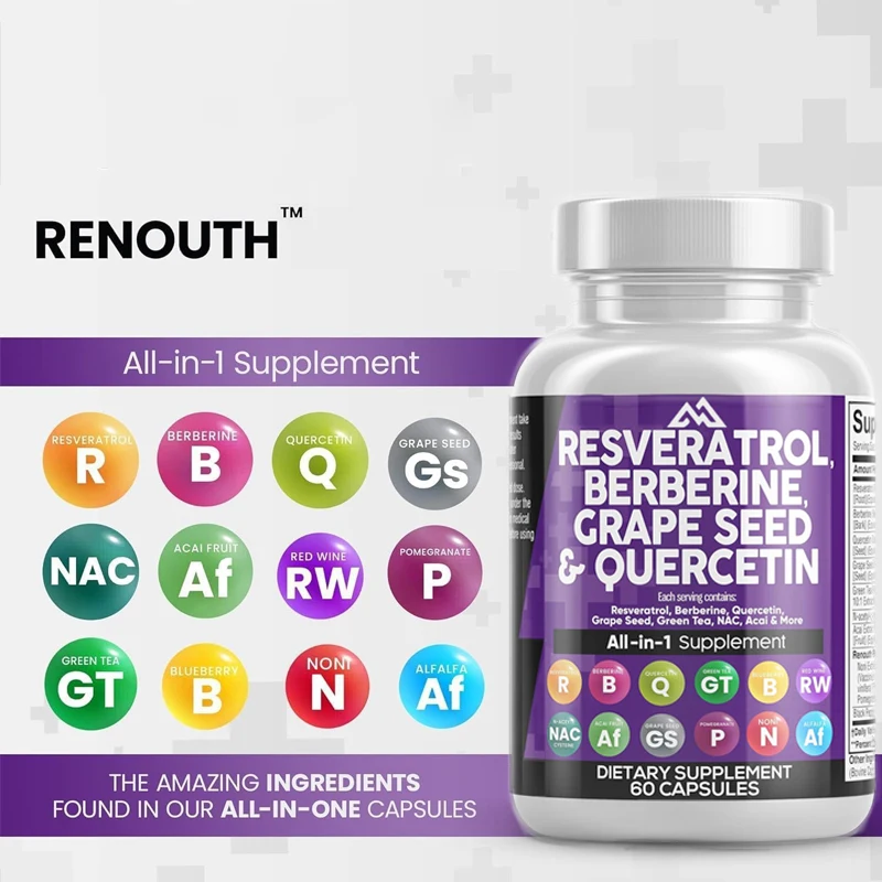 Resveratrol grape seed extract,Quercetin green tea extract,N-acetylcysteine, Acai berry extract  60 capsules vegetarian capsules