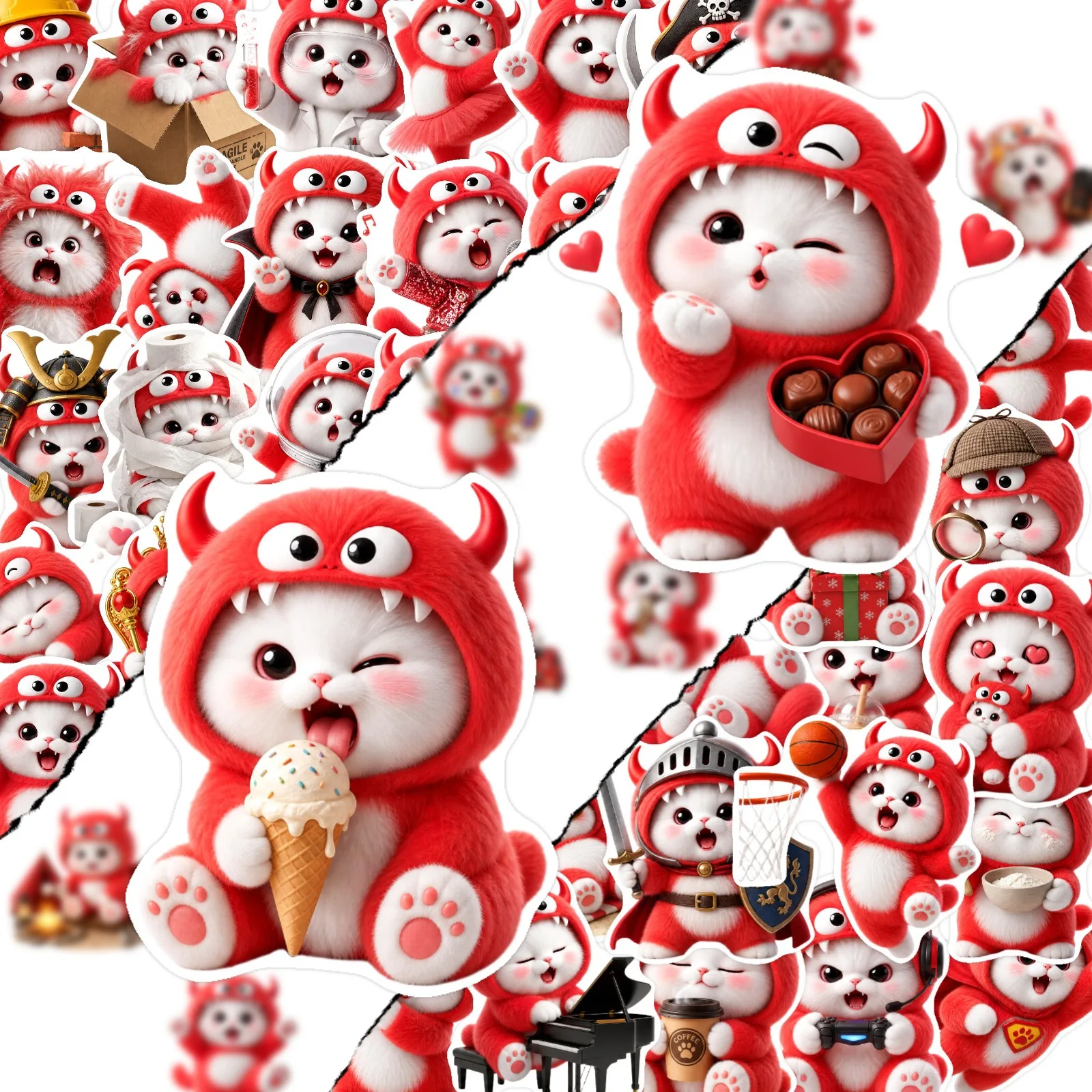 50Pcs Cute Red Fluffy Monster Hat Cat Stickers Funny Cartoon Waterproof Vinyl Decals for Notebook Helmet Skateboard Water Bottle