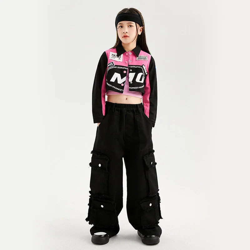 

Kid Hip Hop Clothing Rose Short Racing Shirt Crop Top Black Streetwear Baggy Cargo Pants for Girls Jazz Dance Costume Clothes