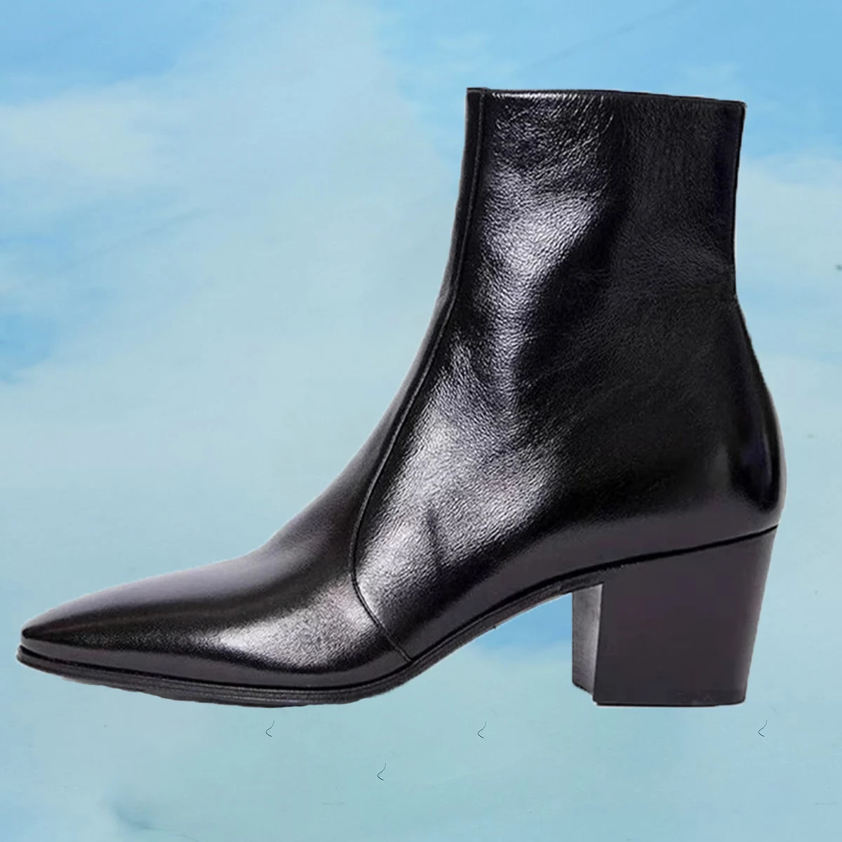 

Black Patent Leather Ankle Boot Men Pointed Toe Chunky Heel 6Cm Side Zipper Fashion Chelsea Boots British Handmade Short Boot