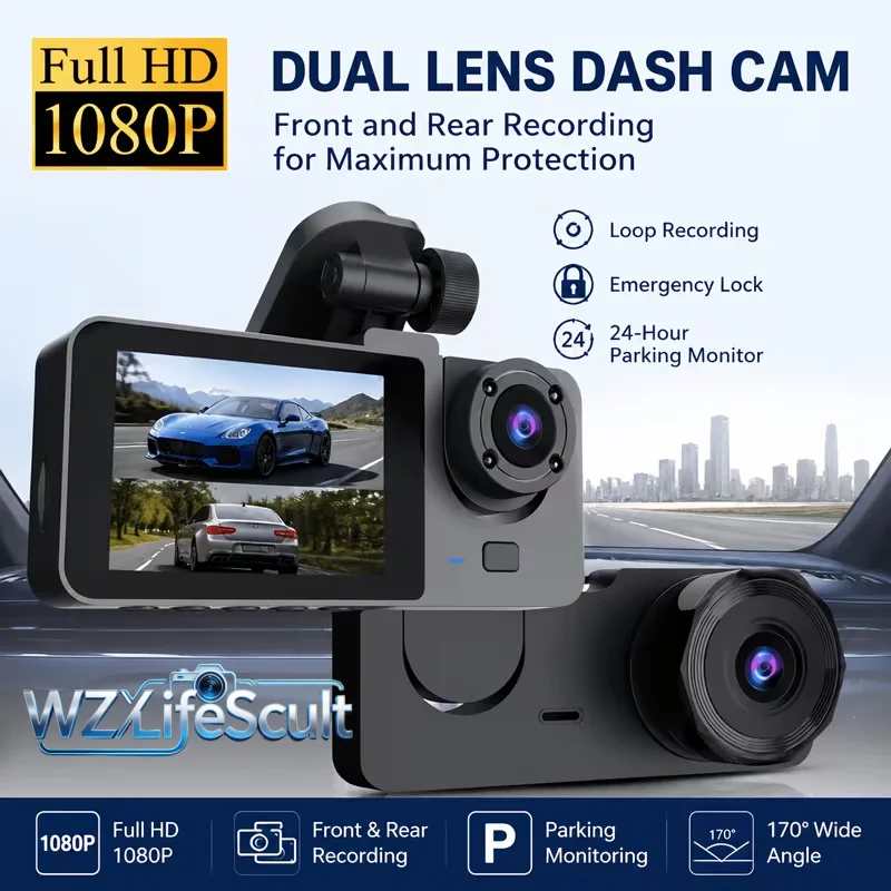 1080P Front 720P Rear 2/3-Channel Dash Cam, Night Vision, Loop Recording, G-Sensor, Motion Detection, Easy Install Car Driving Recorder, Perfect Gift for Drivers Halloween Christmas Black Friday