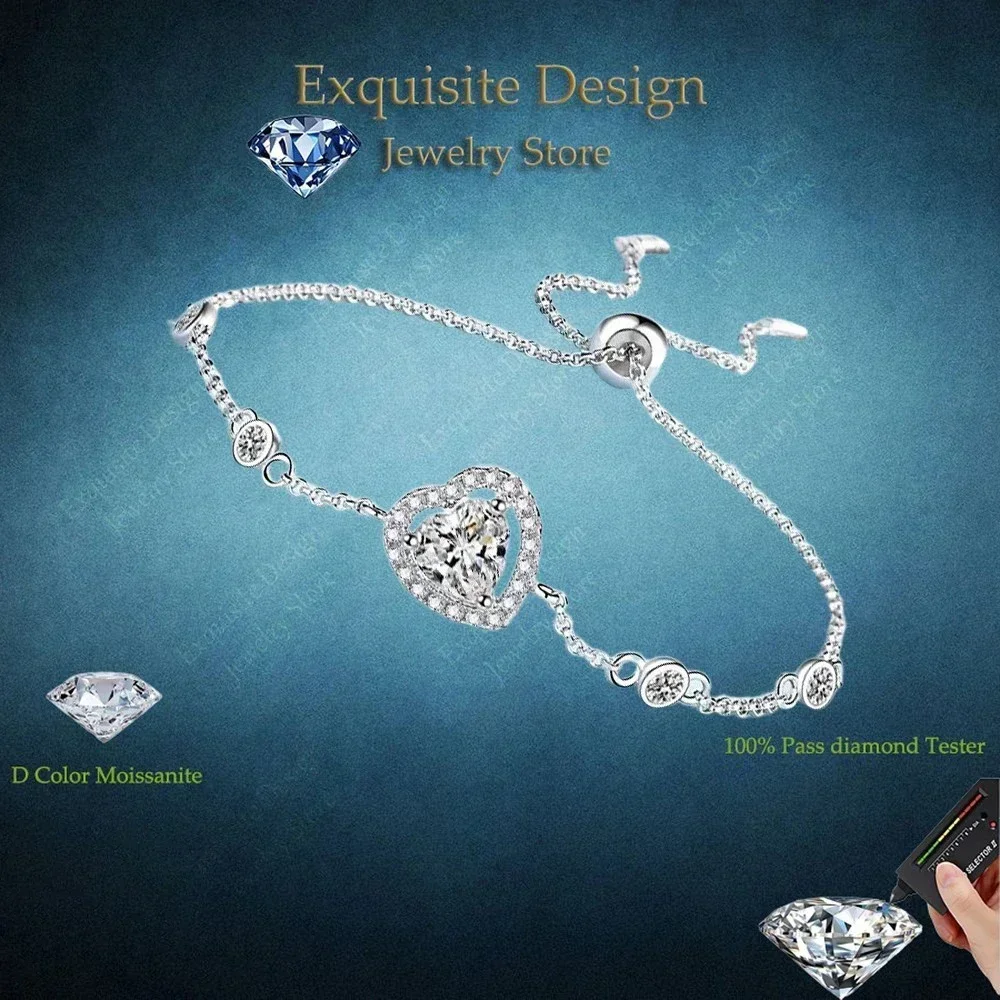 Exquisite Design 1Ct White/Blue Moissanite Bracelet, Treasure Luxury Platinum PT950 Bracelet Lover Girlfriend Adjustable Jewelry