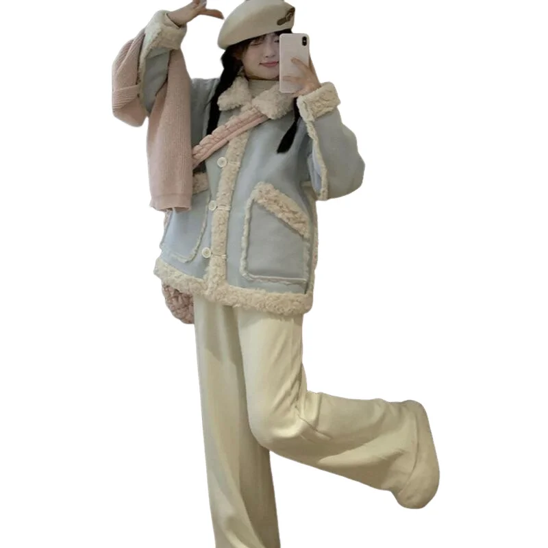 Veste rembourrée pour femmes, vêtements quotidiens d'extérieur, manteau en laine d'agneau bleu pour femmes, automne hiver 2025, nouveau Style coréen, doublure en fourrure de coton polaire