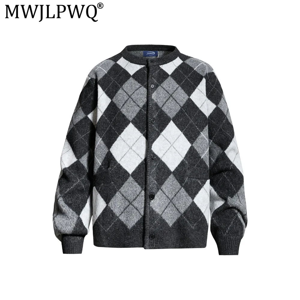 MWJLPWQ Diamond Pattern Round-Neck Sweater Jacket For Men American Trendy Long Sleeve Loose Fit Casual Tops Autumn Winter 20813