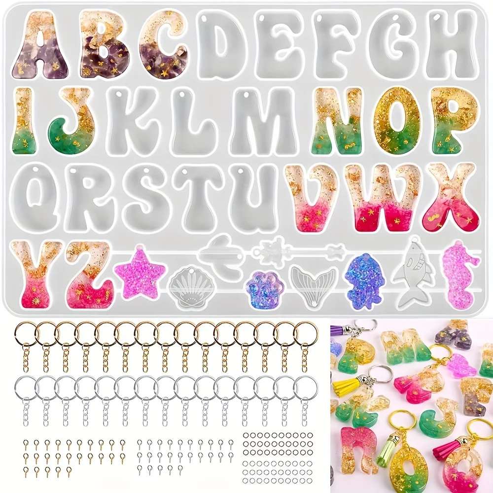 

1 keychain set with perforated alphanumeric pendants +140 material package accessories, DIY keychains, personalized gifts