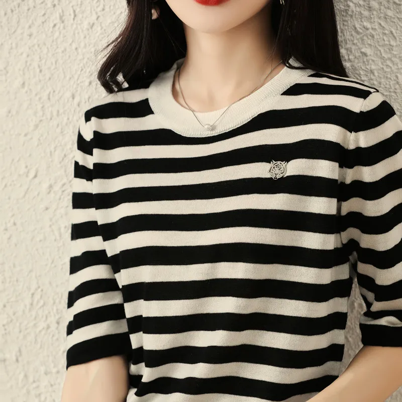 Cashmere Sweaters Short sleeve Women O-neck Striped Short sleeve Pullovers Women Sweater Cashmere