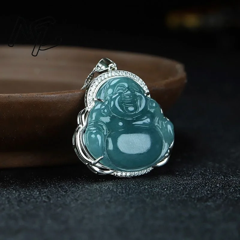 Hot Selling Natural Handcarve Jade Emerald Blue Water Buddha Necklace Pendant Fashion Jewelry Accessories Men Women Luck Gifts