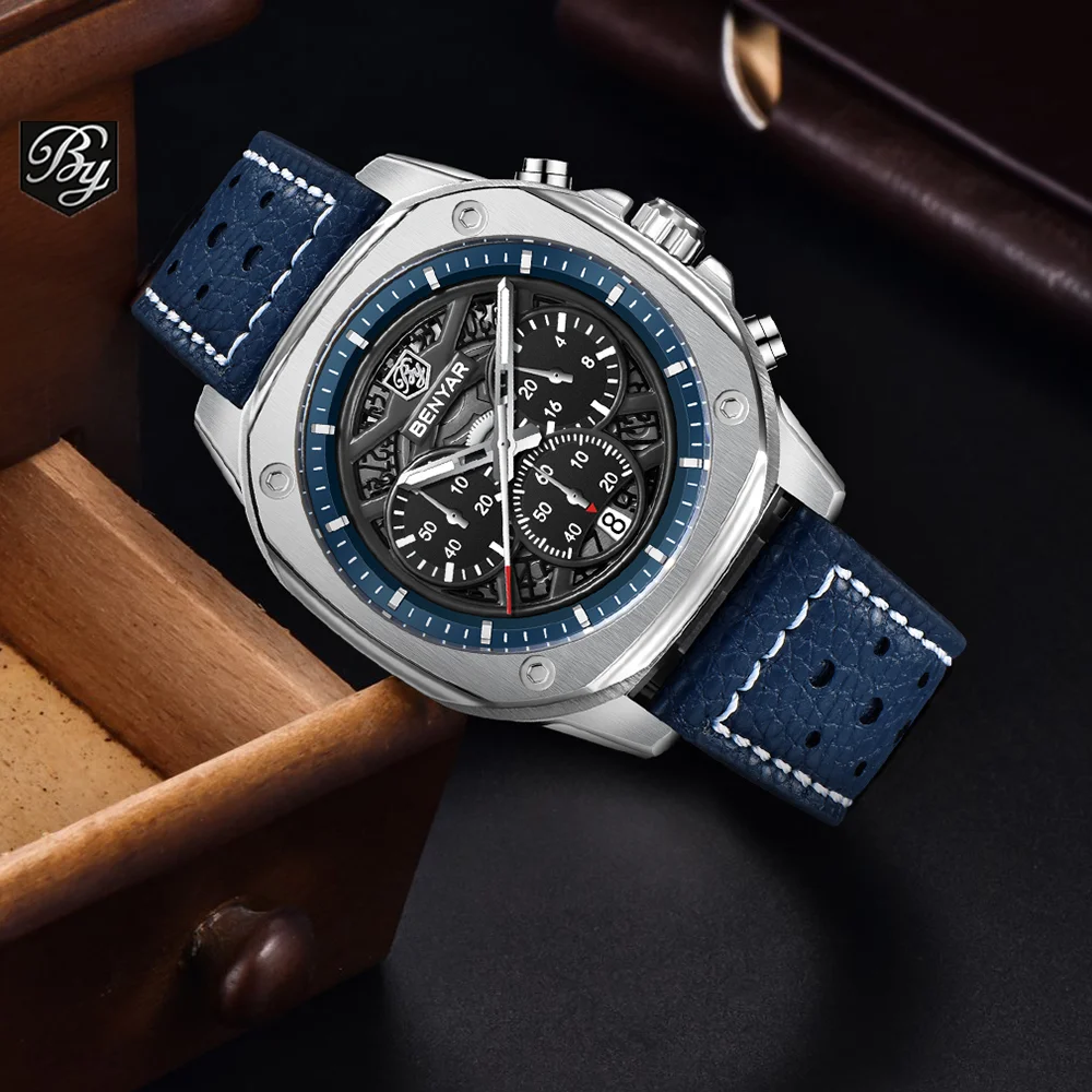 2025 Benyar Luxury Men's Watch New Square 43mm Timing Men's Quartz Watch 30m Waterproof