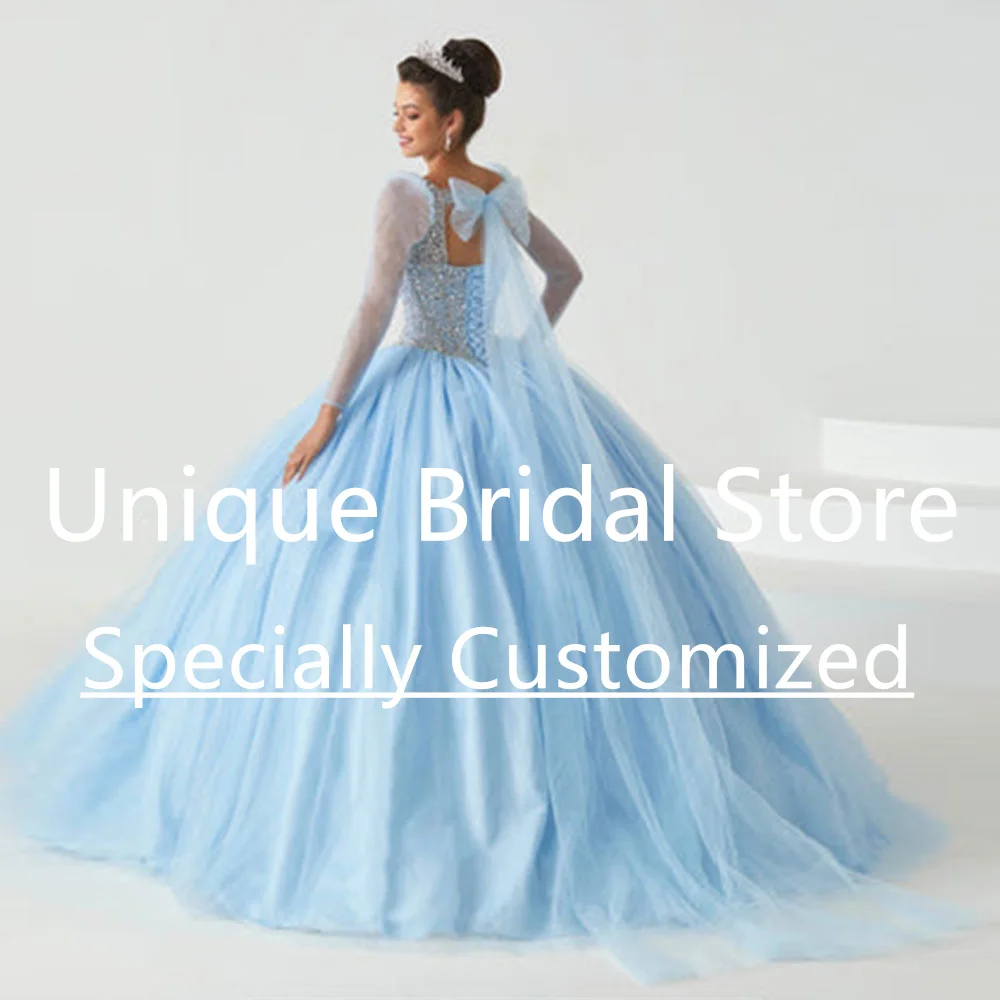 Disesuaikan gaun Quinceanera yang indah gaun bola Tulle V-Neck lengan panjang lipatan kristal dengan pita berenda indah ulang tahun Pa