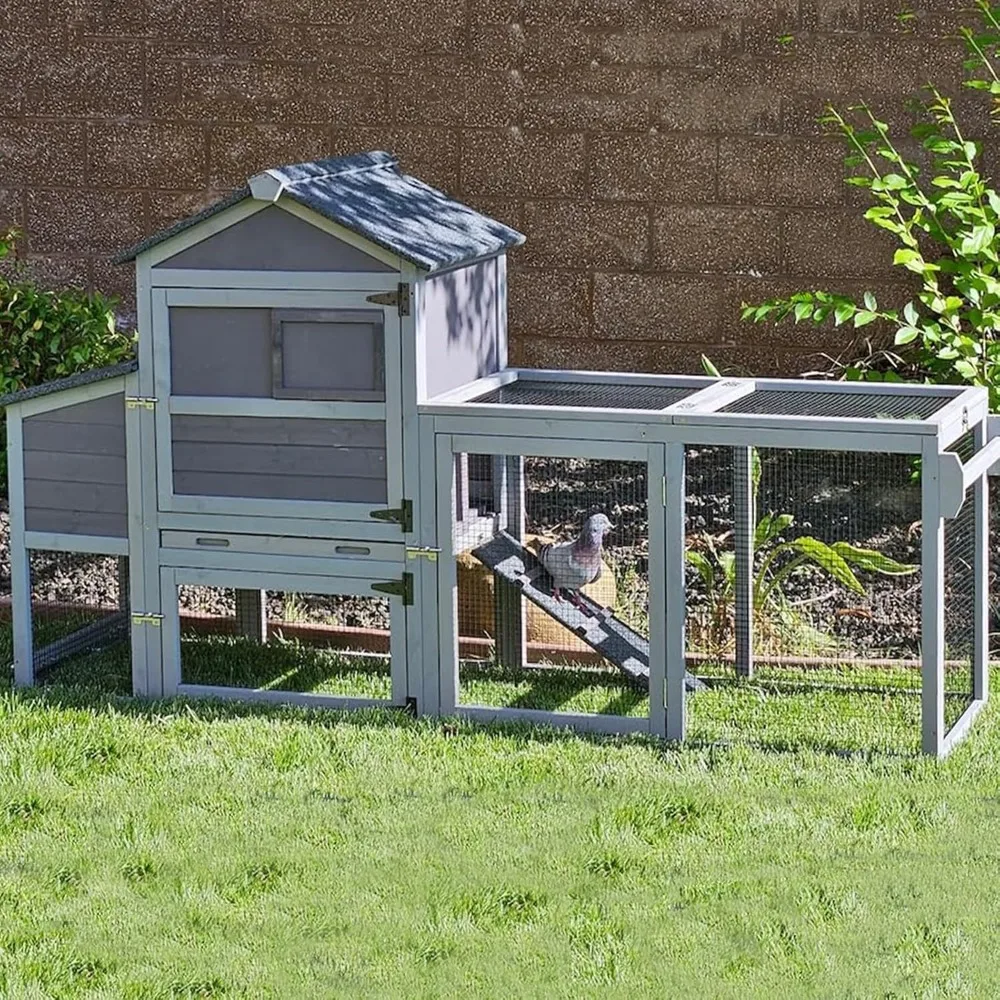 

Chicken Coop On Wheels Chicken House Wooden Hen House Duck Coop with Large Nesting Box for 2-4 Chickens (Grey)