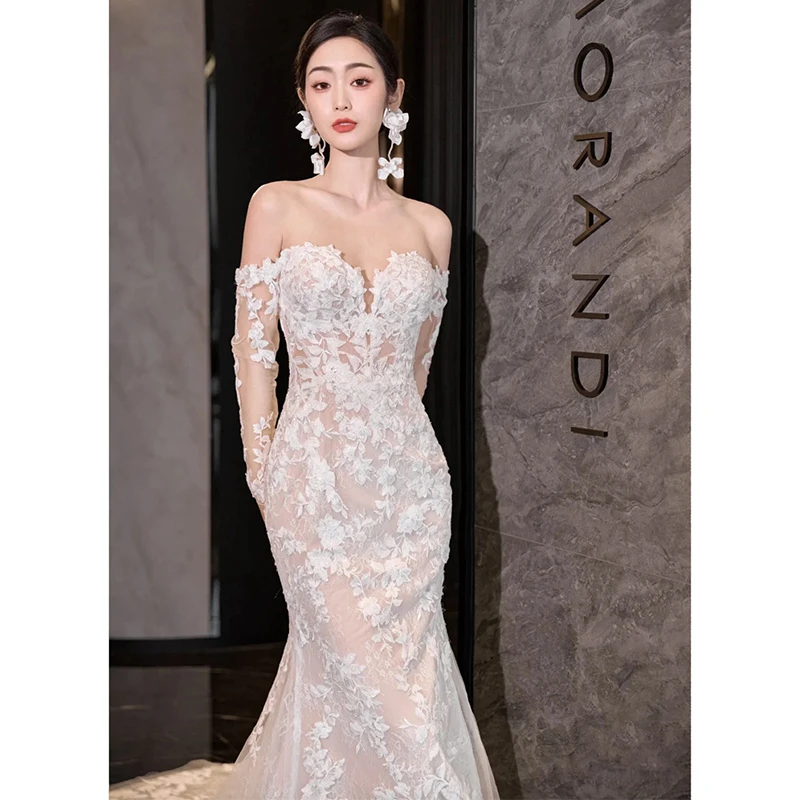 Vestido De novia De sirena De Corea, hombros descubiertos, cuello Barco, encaje, cremallera, Sexy, Espalda descubierta, 2024