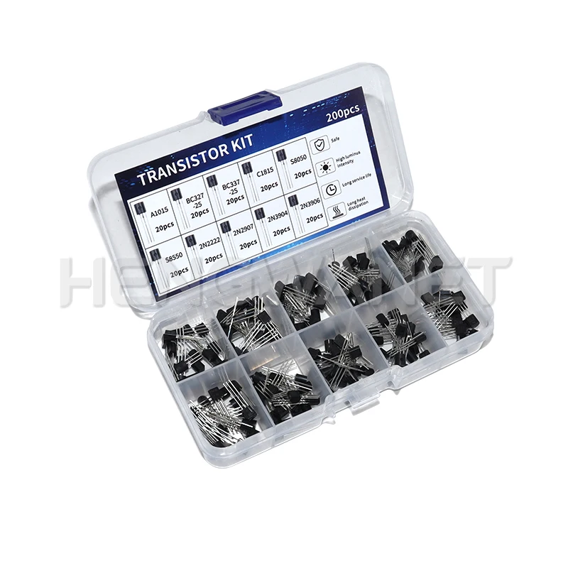 200pcs BJT Transistor Kit Bipolar Power Transistors A1015 BC327 BC337 C1815 S8050 S8850 2N2222 2N2907 2N3904 2N3906 PNP NPN
