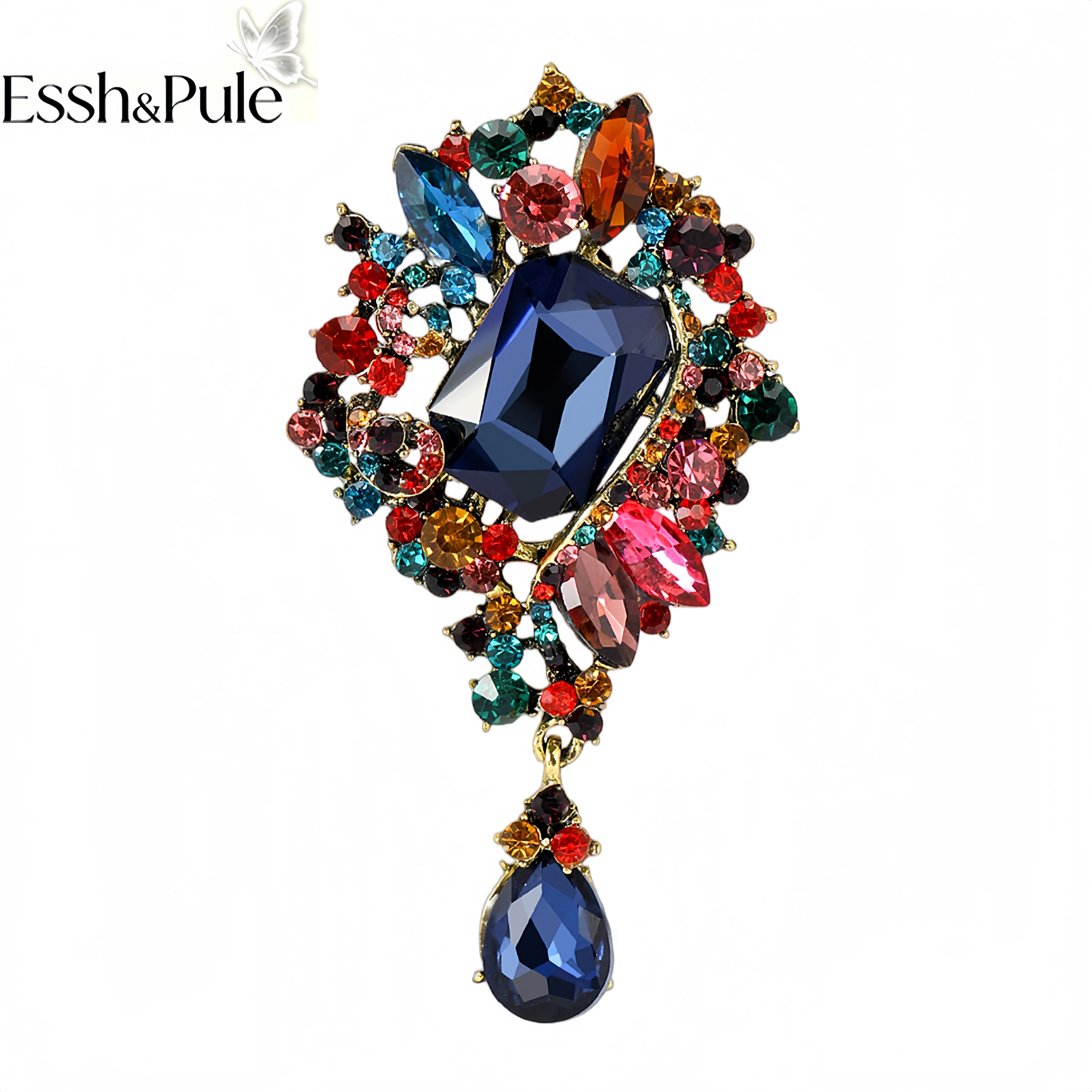 Essh&Pule Vintage Baroque Statement Brooch Dangle Crystal Rhinestone Ornate Lapel Pin Luxury Women Wedding Coat Jewelry Gift