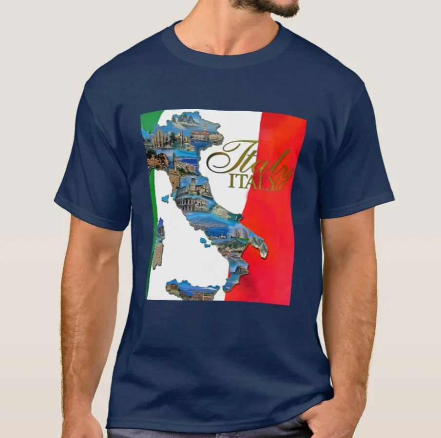 Summer Cotton Short Sleeve O-Neck Mens T Shirt New Italy Boot Map Small Postcard Images and Italian Flag Background T-Shirt.