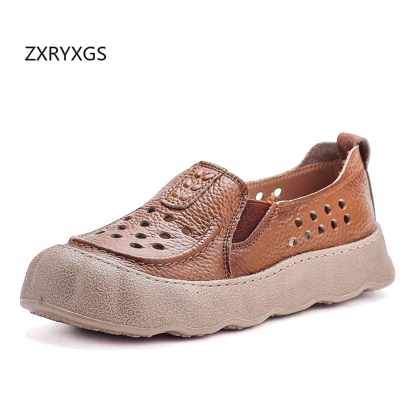 ZXRYXGS Promotion Soft Cowhide Hole Hole Shoes Flat Thick Sole Women's Travel Shoes Casual Sneakers 2026 New Breathable Flats