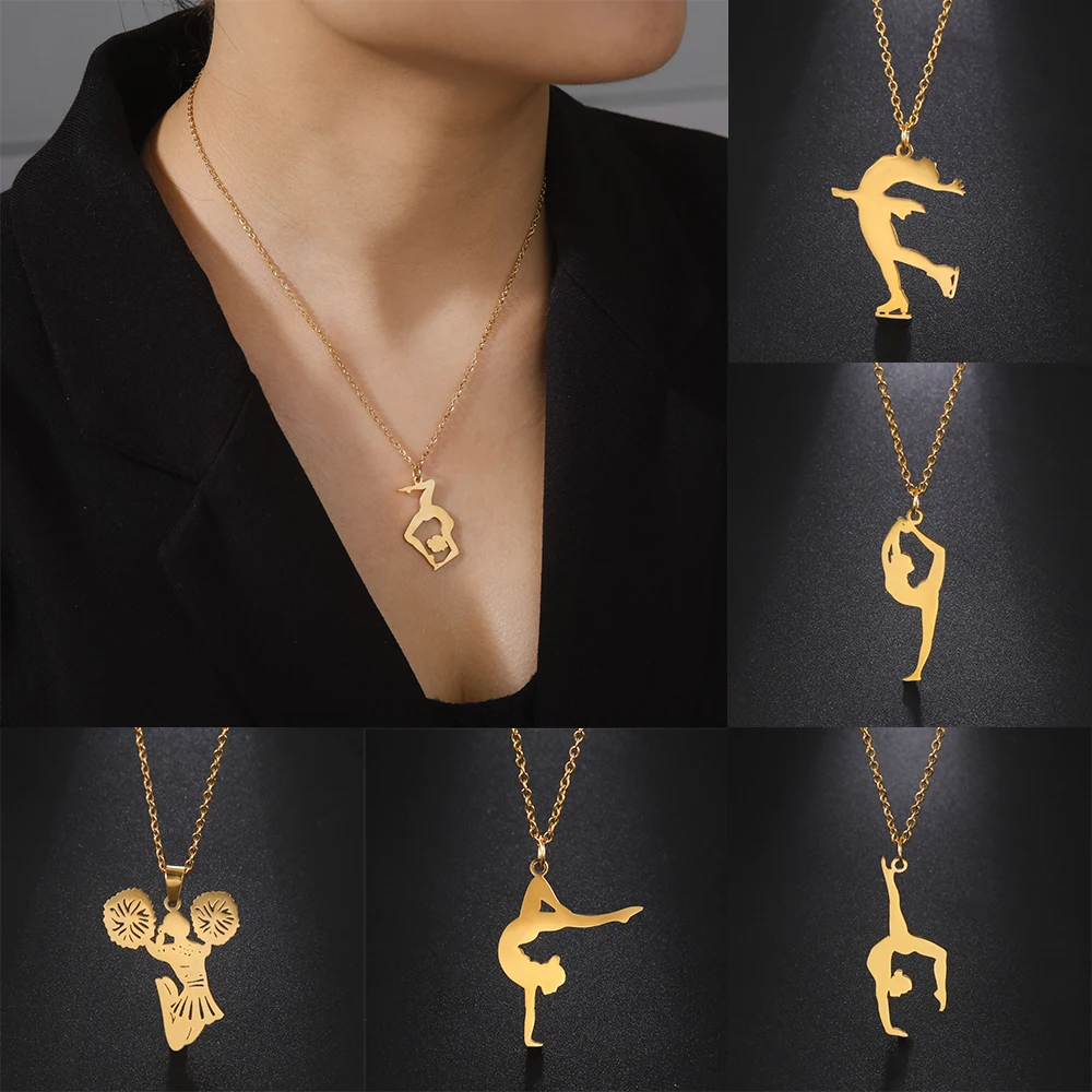 Fashion Gymnastic Style Cheerleading Figure Skating Pendant Necklace for Women Stainless Steel Necklace for Sports Lover Gift