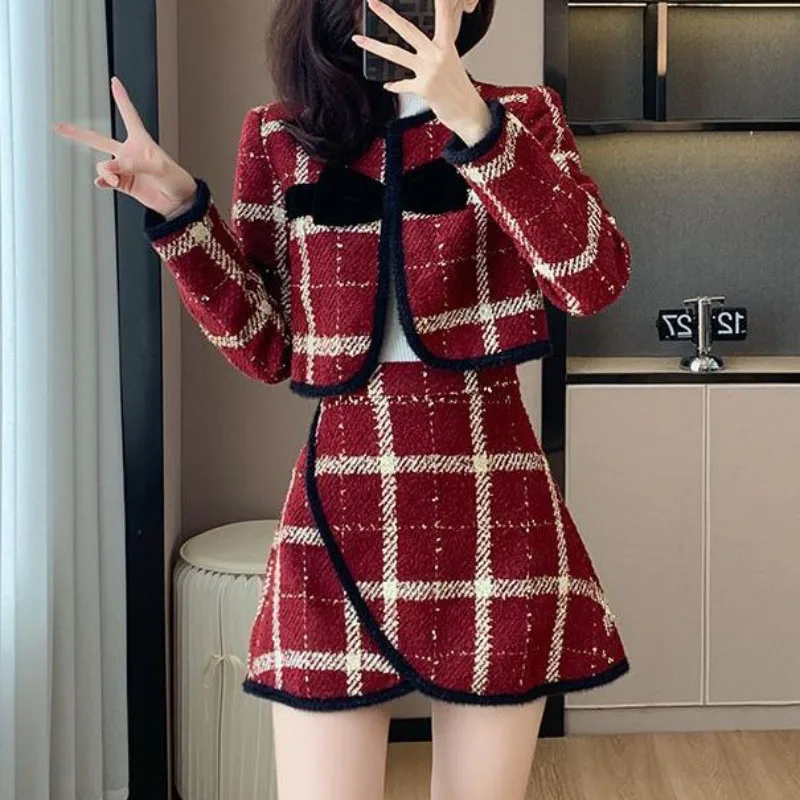 Formal Thicke Plaid Coat+Skirt Women Spring Autumn New Chic Set Women\'s Fashion Long Sleeve Loose Plaid Skirt Two-Piece Suit