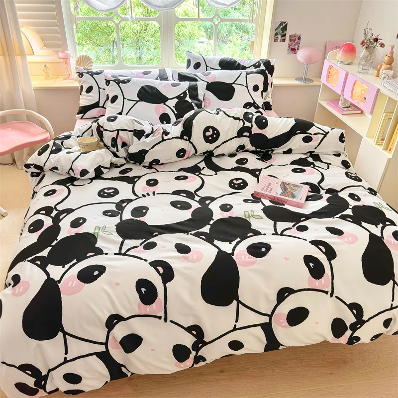 Kawaii Cartoon Panda Duvet Cover Set 100% Cotton Comforter Cover with Pillowcases for Boys Girls Bedroom Decor Bedding Set