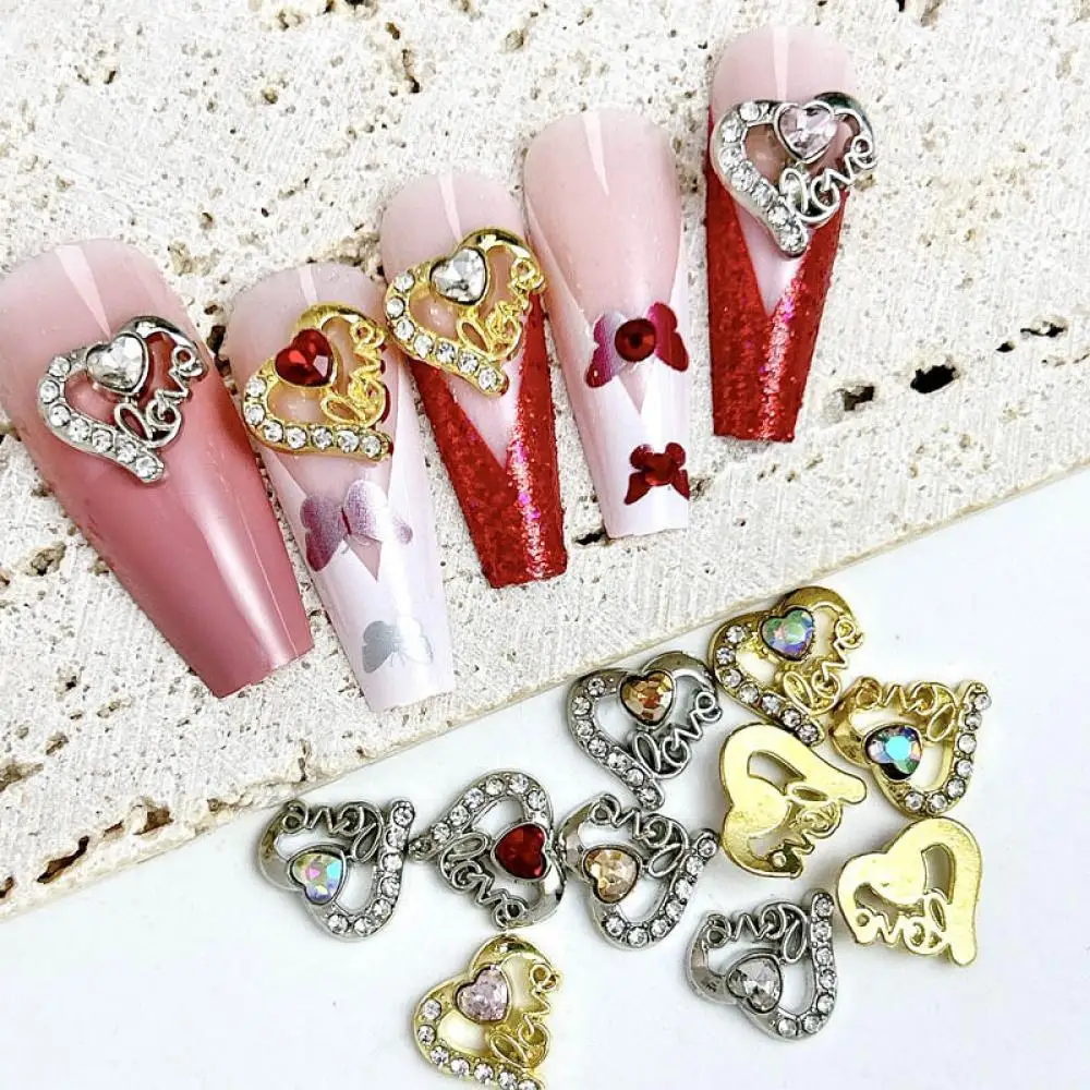 10PCS Hollowed-out Alloy Heart Nail Art Charms Luxury Gold Gilver Letters Mini Heart Diamond Inlaid Nail Art Decorations DIY