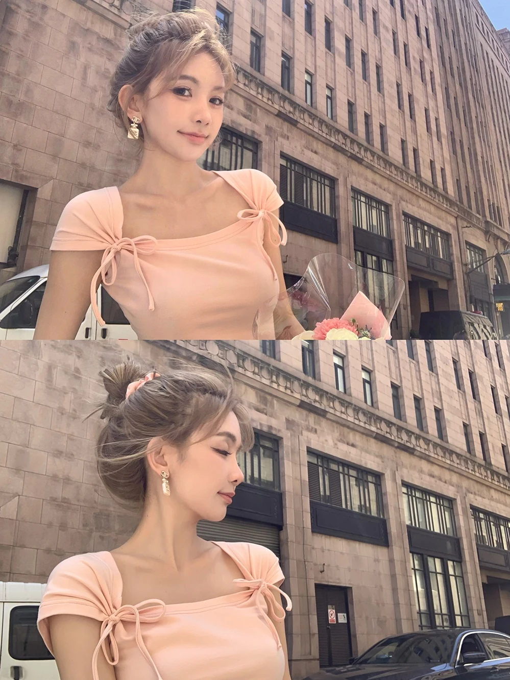 

Le 9 RomanLand Ballet Pink: Милая облегающая вязаная футболка с коротким рукавом и узлом, приятная к телу, для женщин