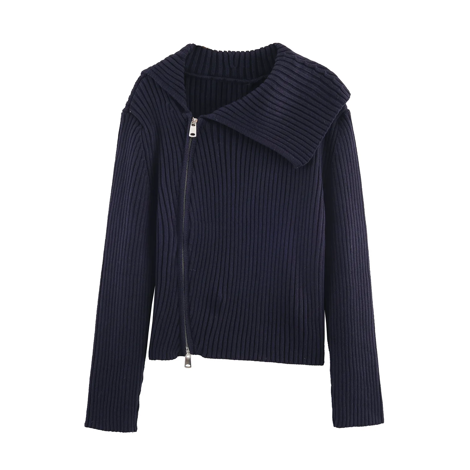 

Woman's Rib-knit Cardigan Large Lapel Zipper Shawl-style Slim Long-sleeved Solid Color Cropped Jacket Casual New Chic Top