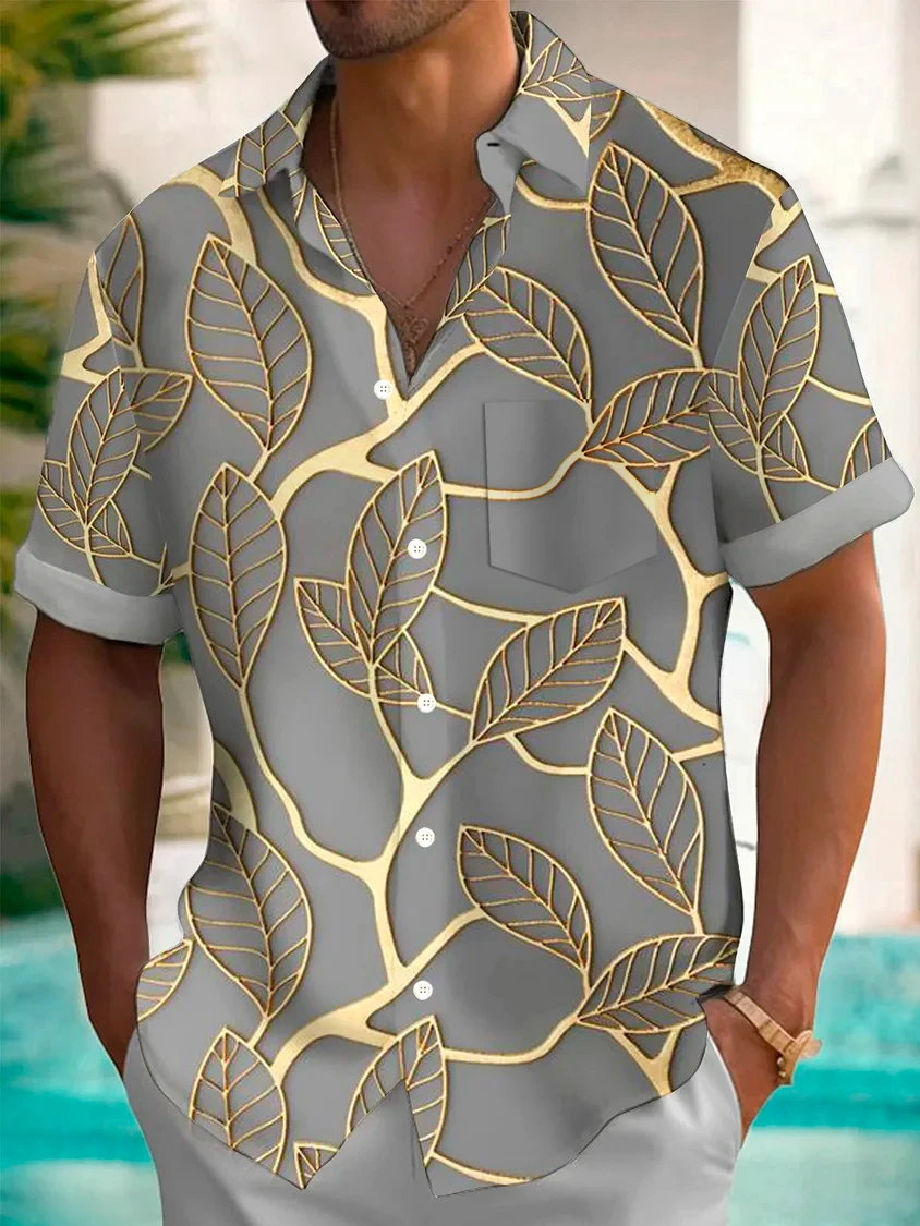 Chemise hawaïenne à manches courtes pour hommes, imprimé cuir chevelu doré, bouton botanique, mode de rue, été, 2024