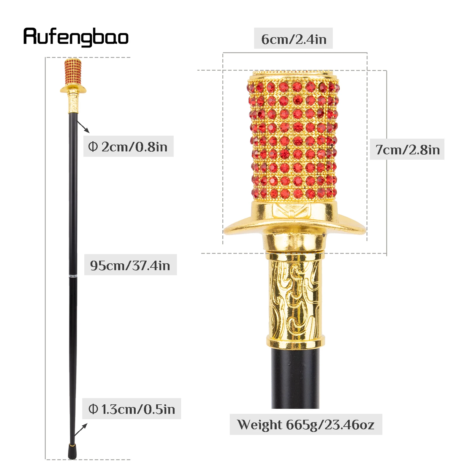 Goldener roter künstlicher Diamant-Gehstock, modischer dekorativer Gehstock, Gentleman, eleganter Cosplay-Gehstockknopf, Crosier, 95 cm