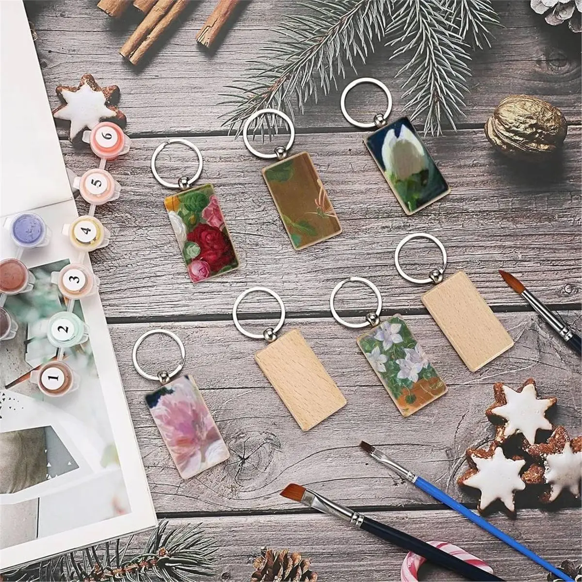 100pcs Raw Wooden Keychain Blanks, Rectangular DIY Wooden Tags with Rings,Craft Supplies for DIY Use