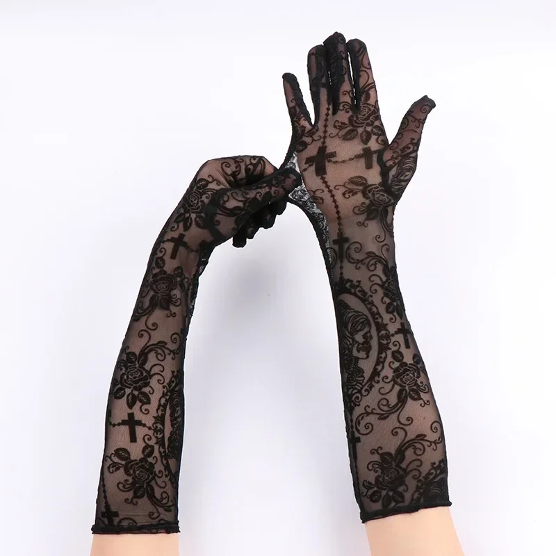 

Кружевные перчатки, длинные перчатки с темным черепом и крестообразным узором на полный палец, модные перчатки для костюмов на Хэллоуин для выступлений на сцене