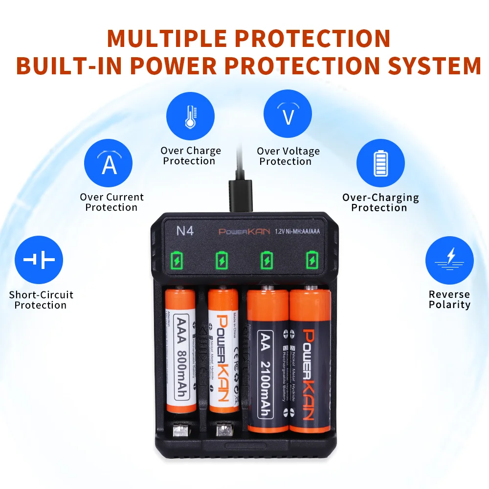 Powerkan N4 Charger Set with 4pcs AA2100mAh/AAA800mAh Combo Set Easy Carry Outdoor Household Widely Usage for